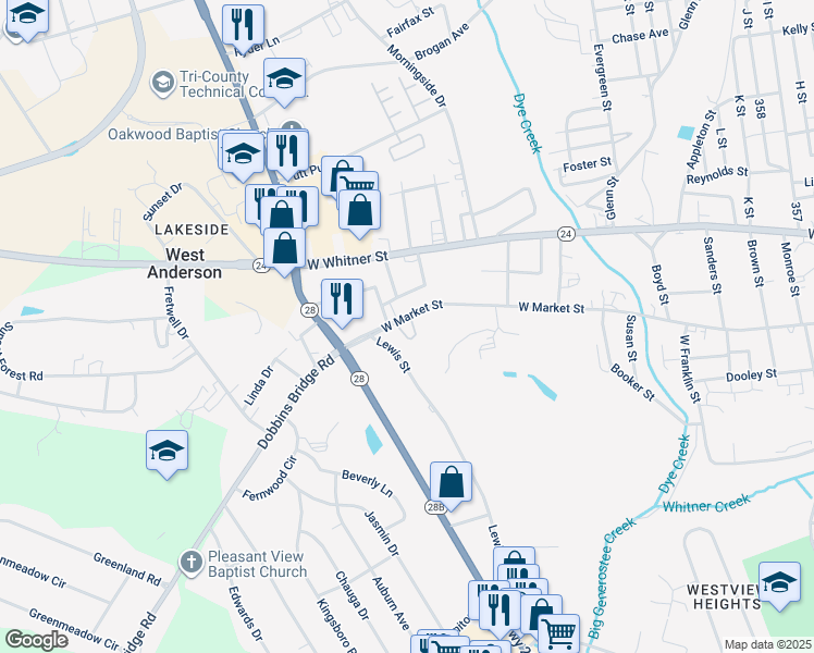 map of restaurants, bars, coffee shops, grocery stores, and more near 1725 West Market Street in Anderson