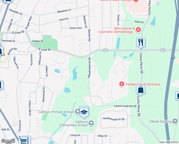 map of restaurants, bars, coffee shops, grocery stores, and more near 105 Ansley Drive in Calhoun