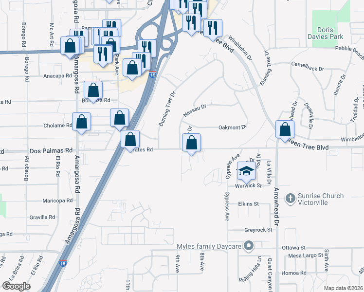 map of restaurants, bars, coffee shops, grocery stores, and more near 13701 Nassau Drive in Victorville