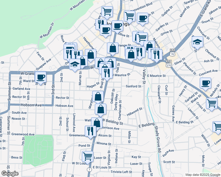 map of restaurants, bars, coffee shops, grocery stores, and more near 333 Sanford Street in Hot Springs