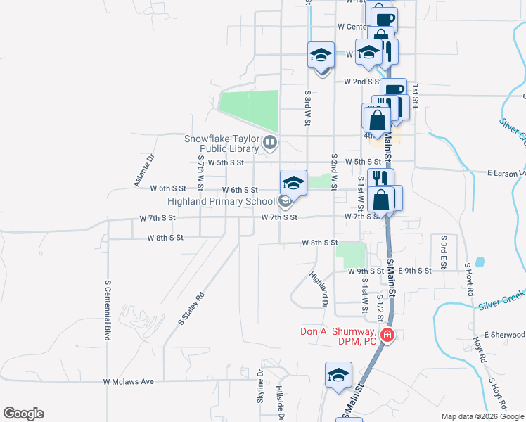 map of restaurants, bars, coffee shops, grocery stores, and more near 460 West 7th South Street in Snowflake