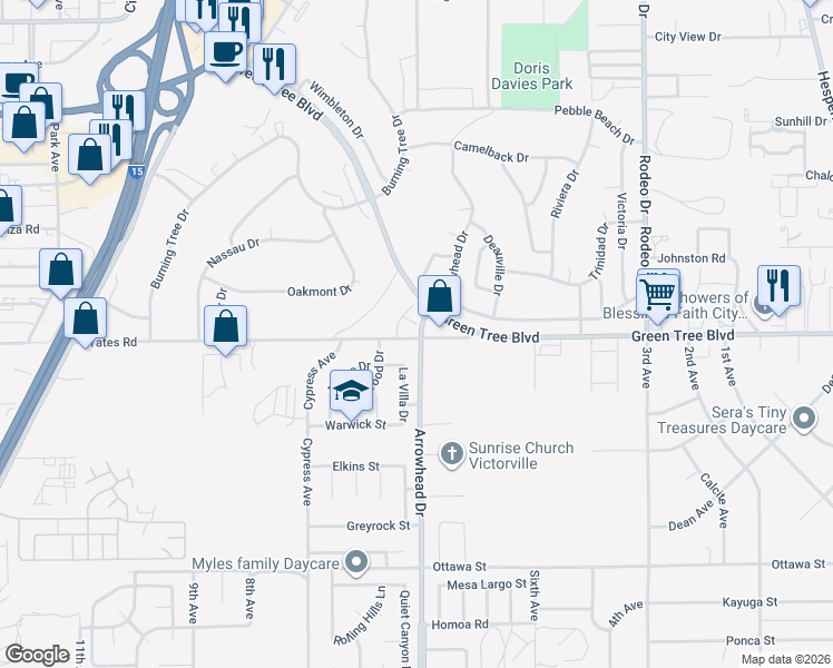 map of restaurants, bars, coffee shops, grocery stores, and more near 16090 Yates Road in Victorville