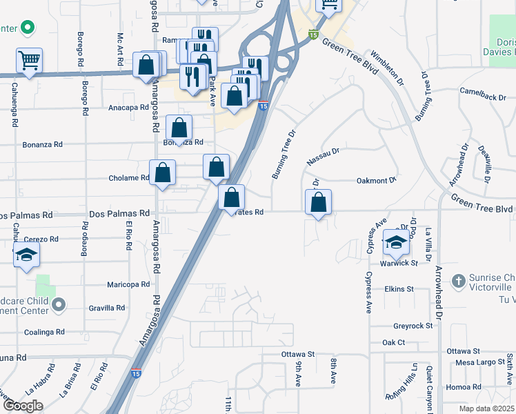 map of restaurants, bars, coffee shops, grocery stores, and more near 15486 Yates Road in Victorville