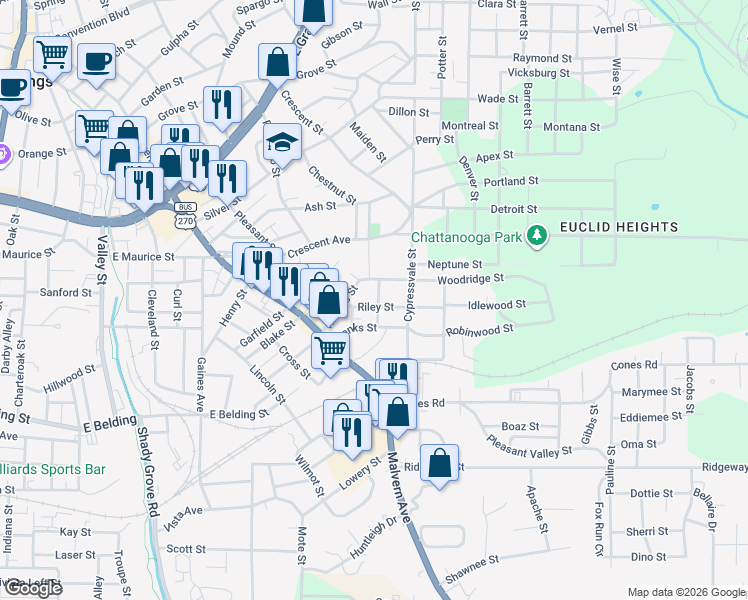 map of restaurants, bars, coffee shops, grocery stores, and more near 112 Fulton Street in Hot Springs