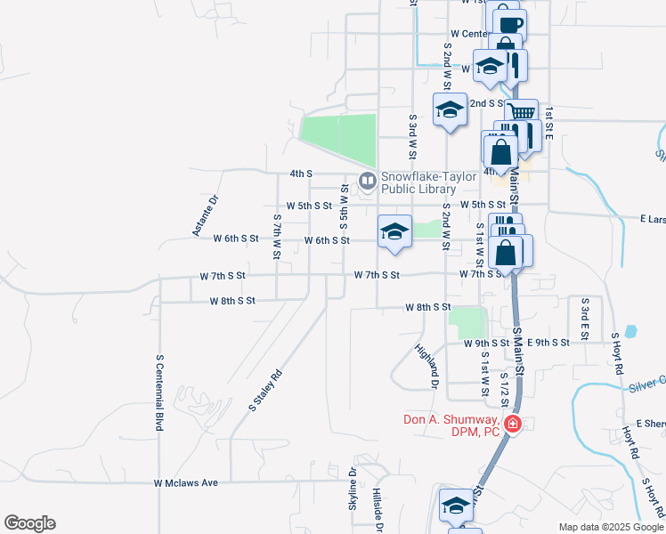 map of restaurants, bars, coffee shops, grocery stores, and more near 690 S 5th Street West in Snowflake