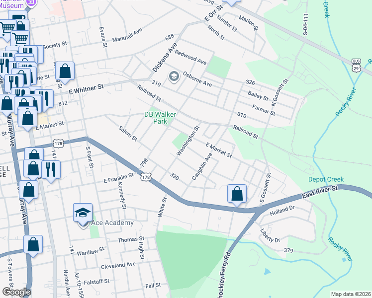 map of restaurants, bars, coffee shops, grocery stores, and more near 1000 Sullivan Street in Anderson