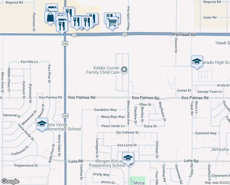 map of restaurants, bars, coffee shops, grocery stores, and more near 12425 Camino Canada Way in Victorville