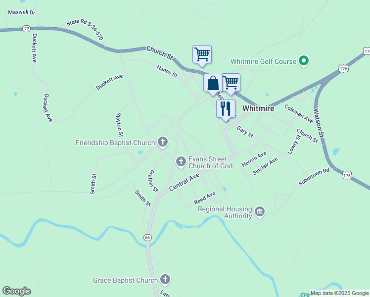 map of restaurants, bars, coffee shops, grocery stores, and more near 260 Sims Street in Whitmire