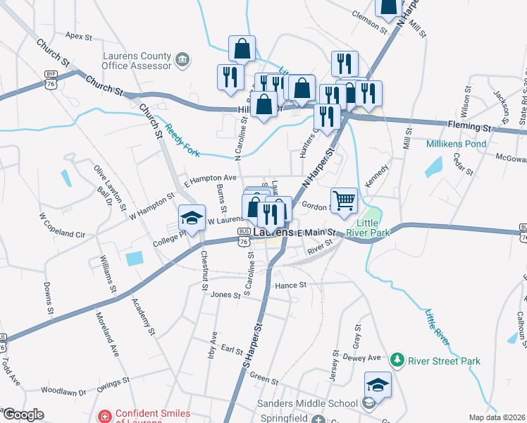 map of restaurants, bars, coffee shops, grocery stores, and more near 101 Silver Street in Laurens