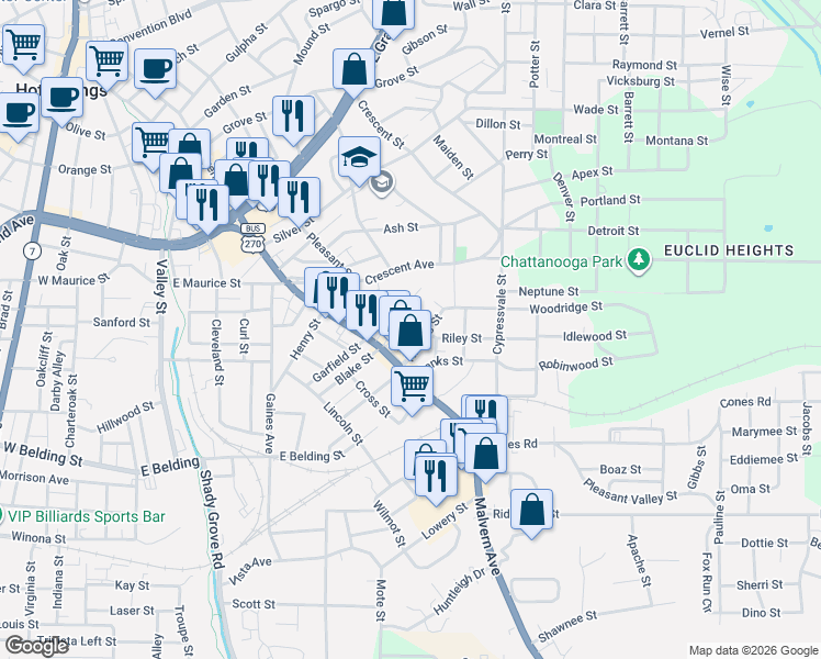 map of restaurants, bars, coffee shops, grocery stores, and more near 201 Nickels Street in Hot Springs