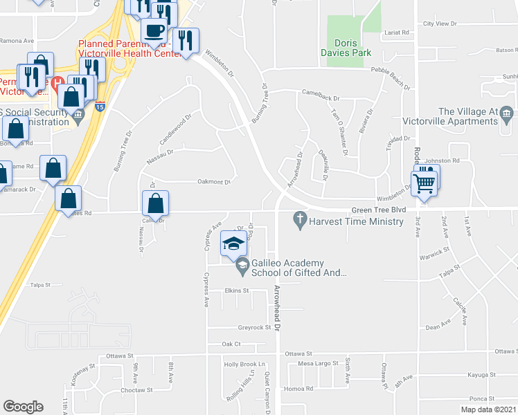 map of restaurants, bars, coffee shops, grocery stores, and more near 16066 Yates Road in Victorville