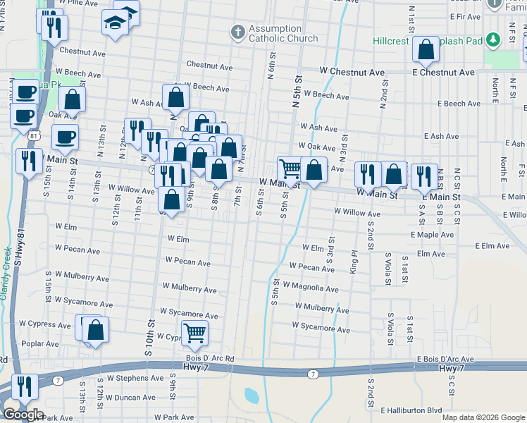 map of restaurants, bars, coffee shops, grocery stores, and more near 110 South 6th Street in Duncan