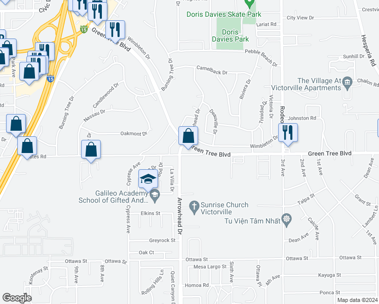 map of restaurants, bars, coffee shops, grocery stores, and more near 16137 Green Tree Boulevard in Victorville