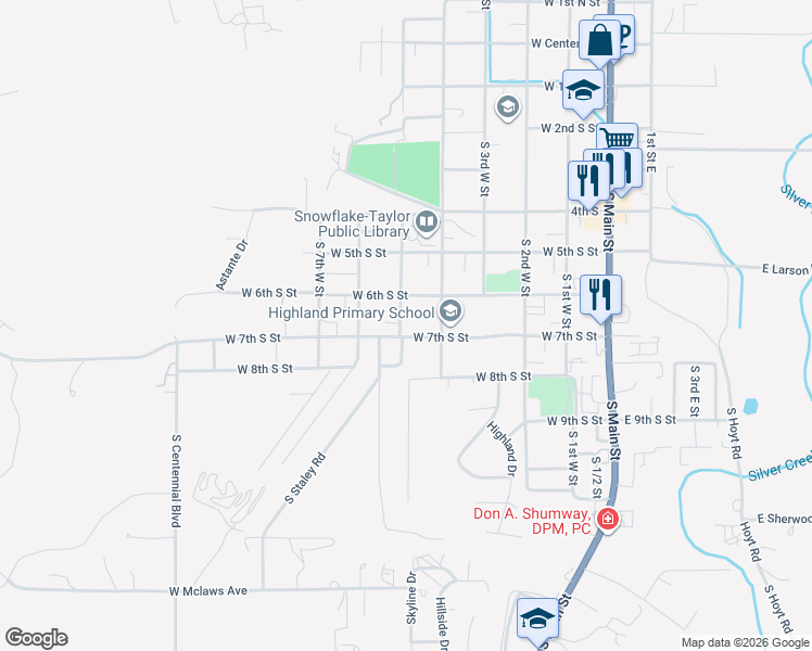 map of restaurants, bars, coffee shops, grocery stores, and more near 460 West 7th Street South in Snowflake