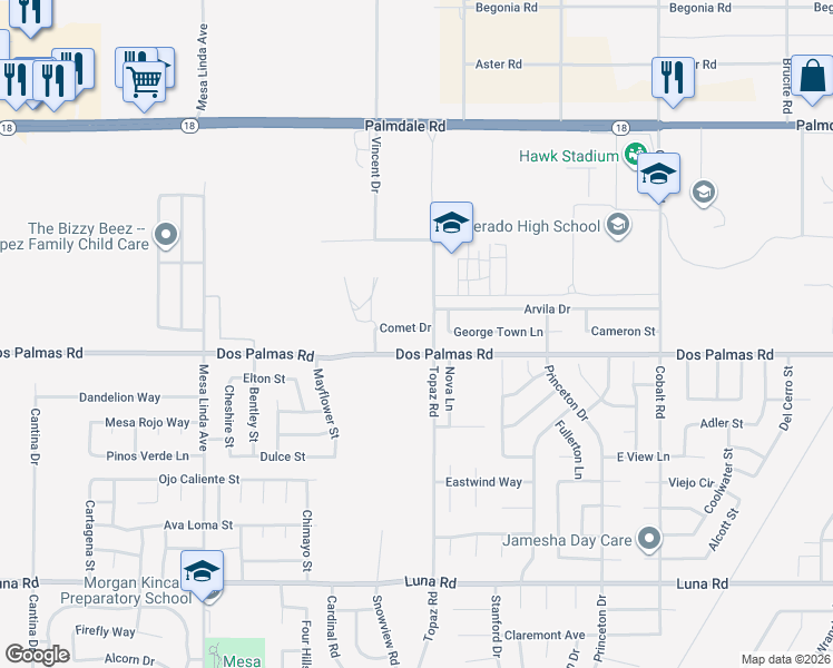 map of restaurants, bars, coffee shops, grocery stores, and more near 12877 Comet Drive in Victorville