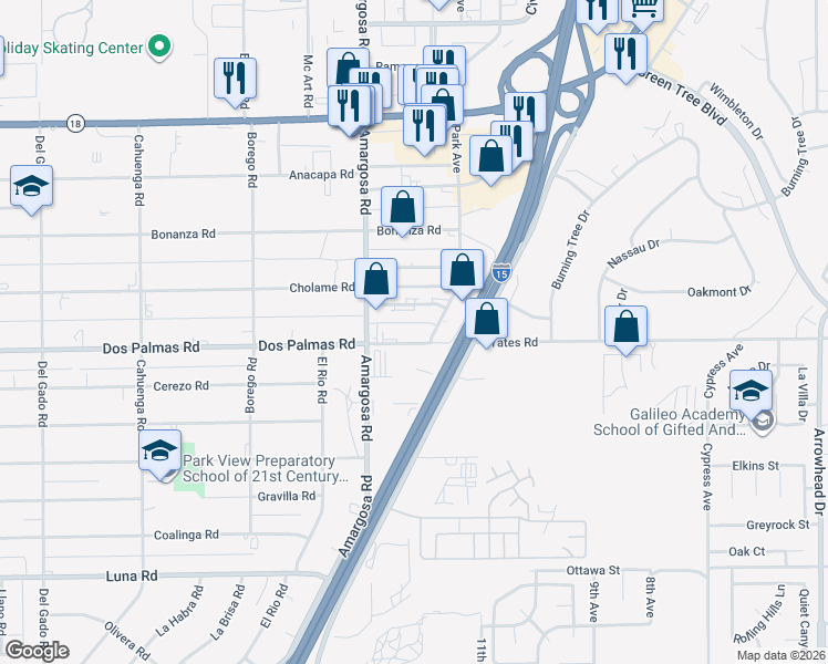 map of restaurants, bars, coffee shops, grocery stores, and more near 15363 Dos Palmas Road in Victorville