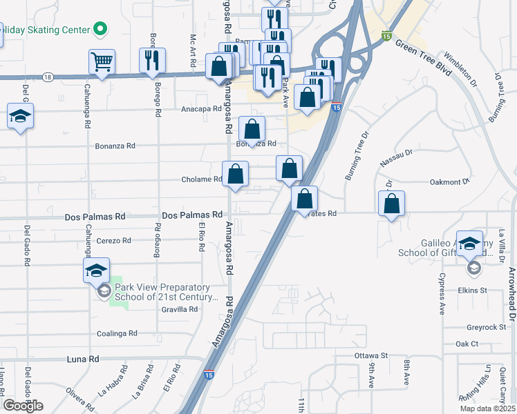 map of restaurants, bars, coffee shops, grocery stores, and more near Yates Road in Victorville