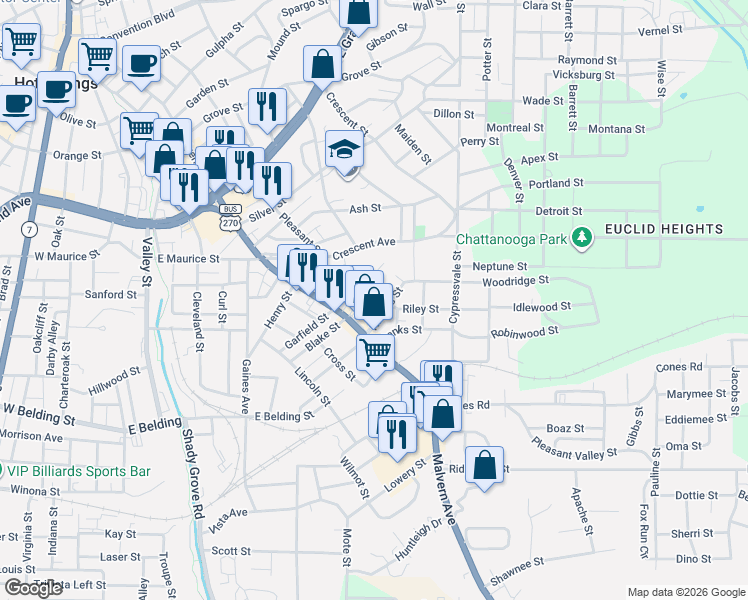 map of restaurants, bars, coffee shops, grocery stores, and more near 201 Nickels Street in Hot Springs