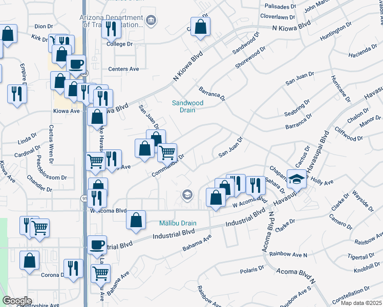 map of restaurants, bars, coffee shops, grocery stores, and more near 2040 Commander Dr in Lake Havasu City