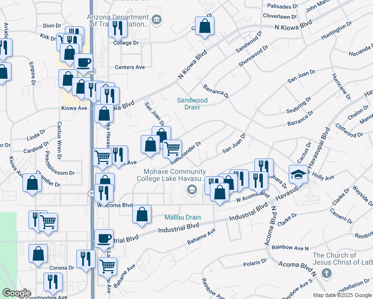map of restaurants, bars, coffee shops, grocery stores, and more near 1969 Commander Drive in Lake Havasu City