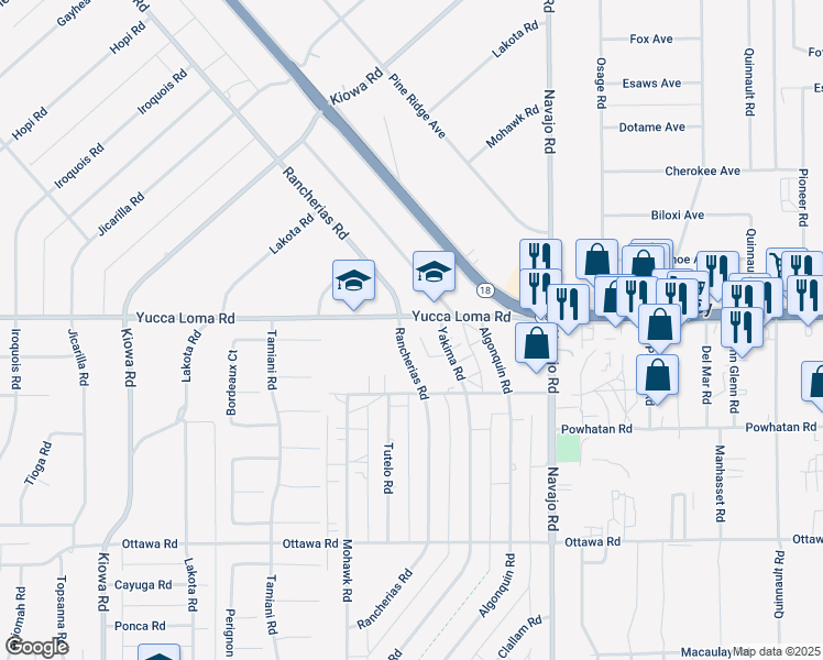 map of restaurants, bars, coffee shops, grocery stores, and more near 13652 Yakima Road in Apple Valley