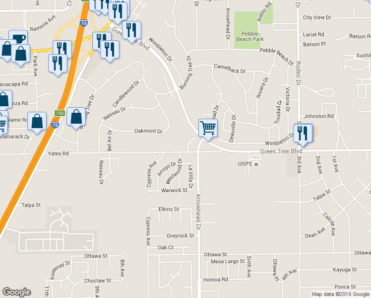 map of restaurants, bars, coffee shops, grocery stores, and more near 16066 Yates Road in Victorville