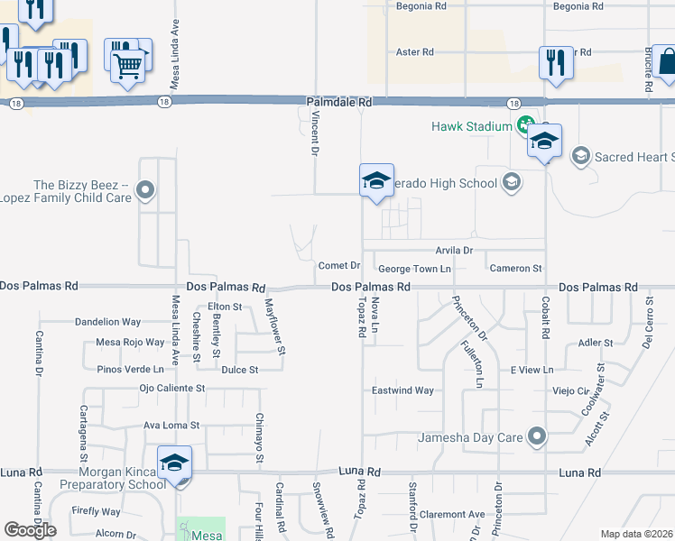 map of restaurants, bars, coffee shops, grocery stores, and more near 12877 Comet Drive in Victorville