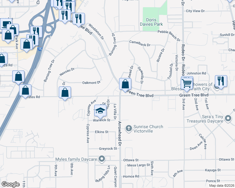 map of restaurants, bars, coffee shops, grocery stores, and more near 16090 Yates Road in Victorville