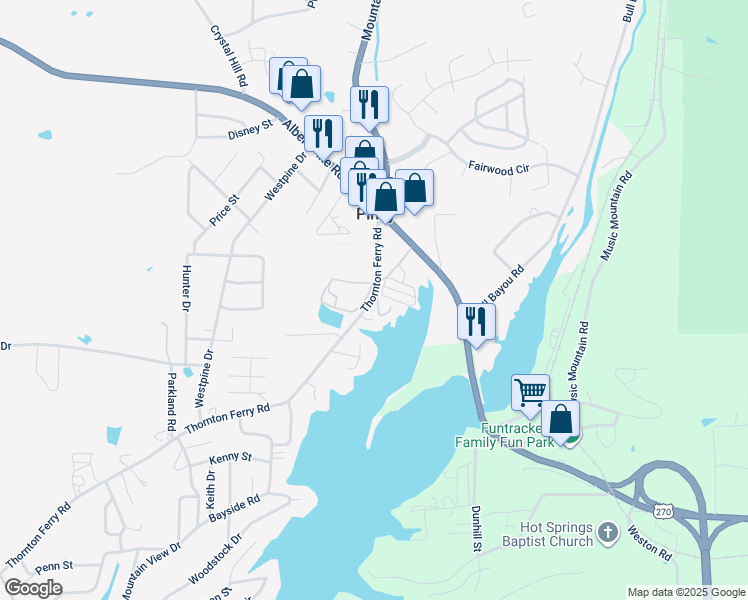 map of restaurants, bars, coffee shops, grocery stores, and more near 201 Thornton Ferry Road in Piney
