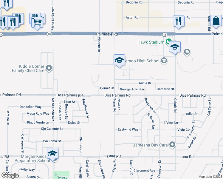 map of restaurants, bars, coffee shops, grocery stores, and more near 12889 Comet Drive in Victorville