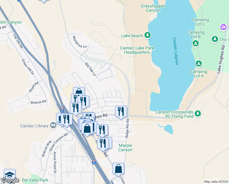 map of restaurants, bars, coffee shops, grocery stores, and more near 31925 Calcite Court in Castaic