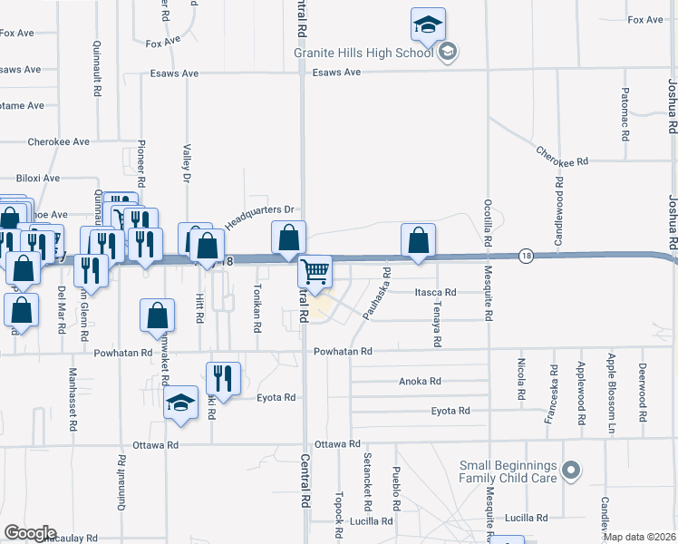 map of restaurants, bars, coffee shops, grocery stores, and more near 22573 California 18 in Apple Valley