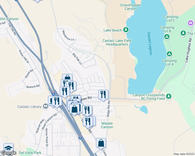 map of restaurants, bars, coffee shops, grocery stores, and more near 31925 Calcite Court in Castaic
