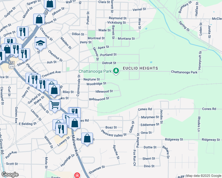 map of restaurants, bars, coffee shops, grocery stores, and more near 315 Idlewood Street in Hot Springs