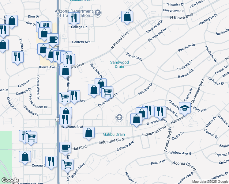 map of restaurants, bars, coffee shops, grocery stores, and more near 1969 Commander Drive in Lake Havasu City