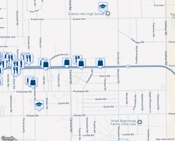 map of restaurants, bars, coffee shops, grocery stores, and more near 22641 California 18 in Apple Valley