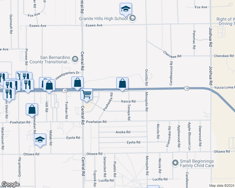 map of restaurants, bars, coffee shops, grocery stores, and more near 2 Outer Highway 18 North in Apple Valley