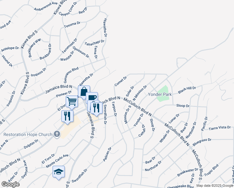 map of restaurants, bars, coffee shops, grocery stores, and more near 3700 Comet Drive in Lake Havasu City