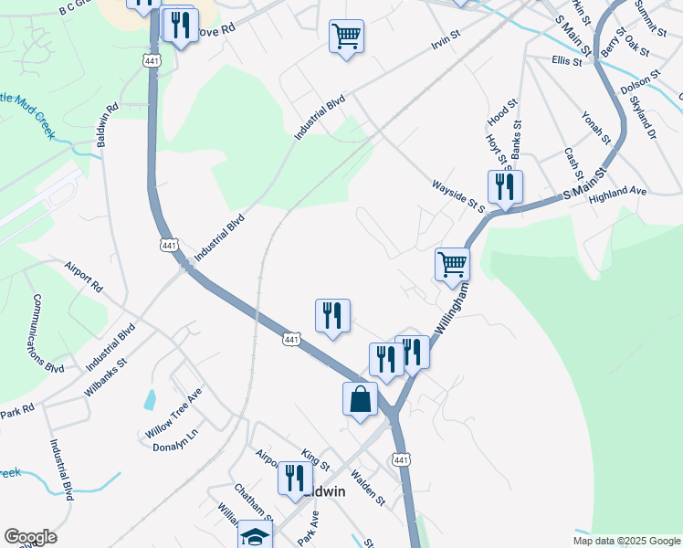 map of restaurants, bars, coffee shops, grocery stores, and more near 447 Whispering Woods Circle in Cornelia