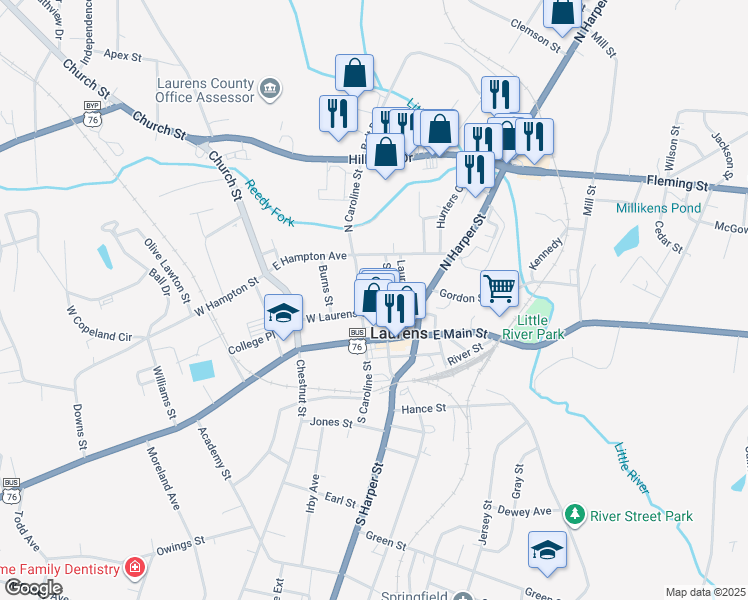 map of restaurants, bars, coffee shops, grocery stores, and more near 110 W Laurens St in Laurens