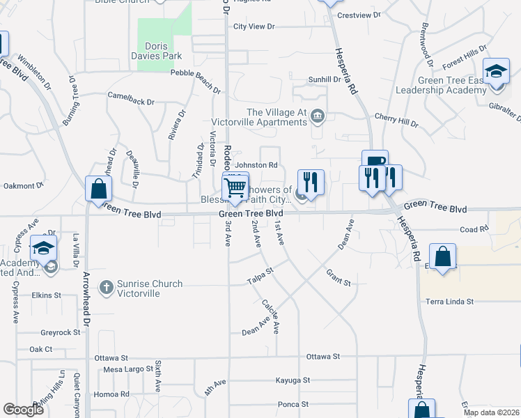 map of restaurants, bars, coffee shops, grocery stores, and more near 16612 Green Tree Boulevard in Victorville