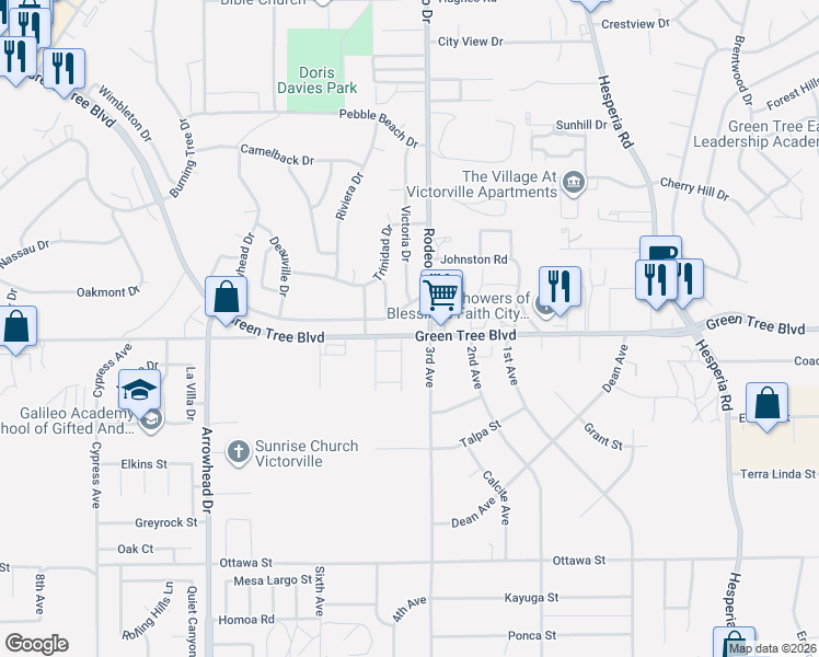 map of restaurants, bars, coffee shops, grocery stores, and more near in Victorville