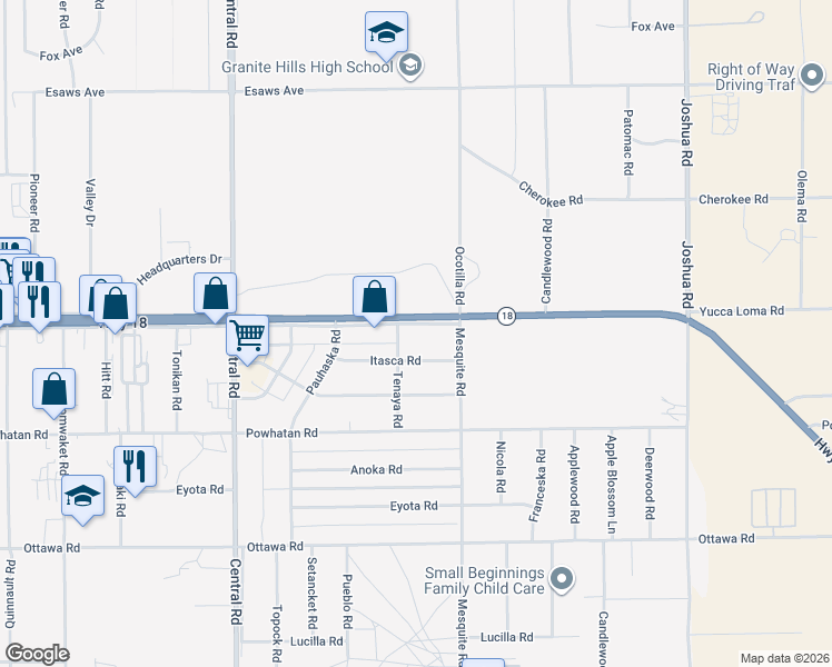 map of restaurants, bars, coffee shops, grocery stores, and more near Outer Highway 18 South in Apple Valley