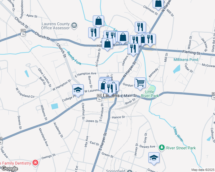 map of restaurants, bars, coffee shops, grocery stores, and more near 110 West Laurens Street in Laurens