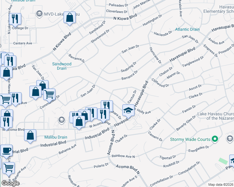 map of restaurants, bars, coffee shops, grocery stores, and more near 2271 Holly Avenue in Lake Havasu City