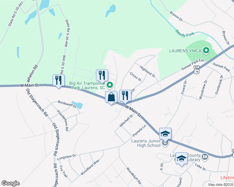 map of restaurants, bars, coffee shops, grocery stores, and more near 103 Blakely Avenue in Laurens