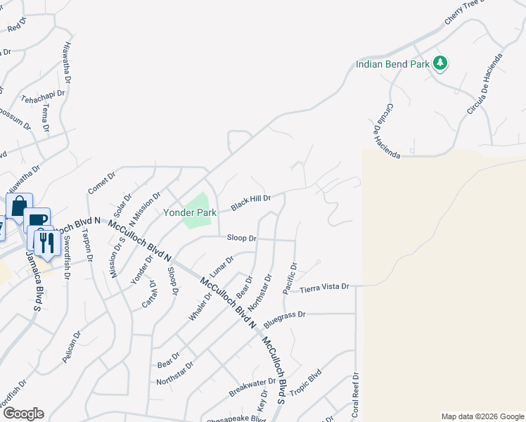 map of restaurants, bars, coffee shops, grocery stores, and more near 4025 Bear Drive in Lake Havasu City