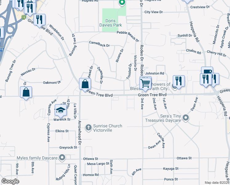 map of restaurants, bars, coffee shops, grocery stores, and more near 16317 Wimbleton Drive in Victorville