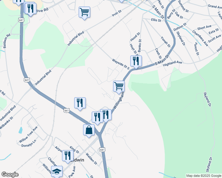map of restaurants, bars, coffee shops, grocery stores, and more near 101 Manor Place Drive in Cornelia