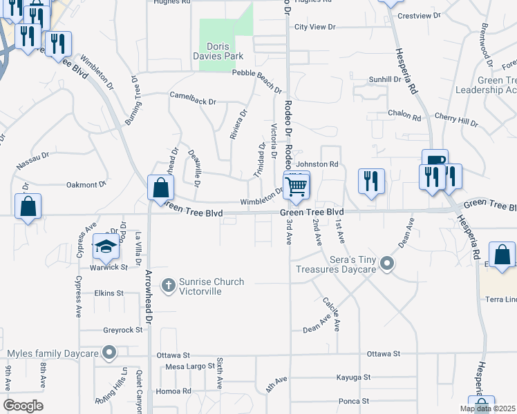 map of restaurants, bars, coffee shops, grocery stores, and more near 16385 Wimbleton Drive in Victorville